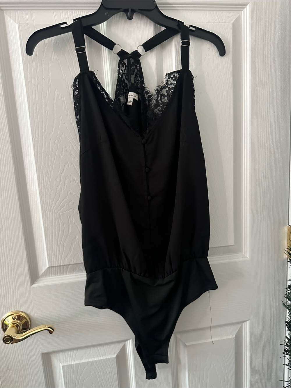 white birch Black Lace-Trim Satin Bodysuit with Strappy Back